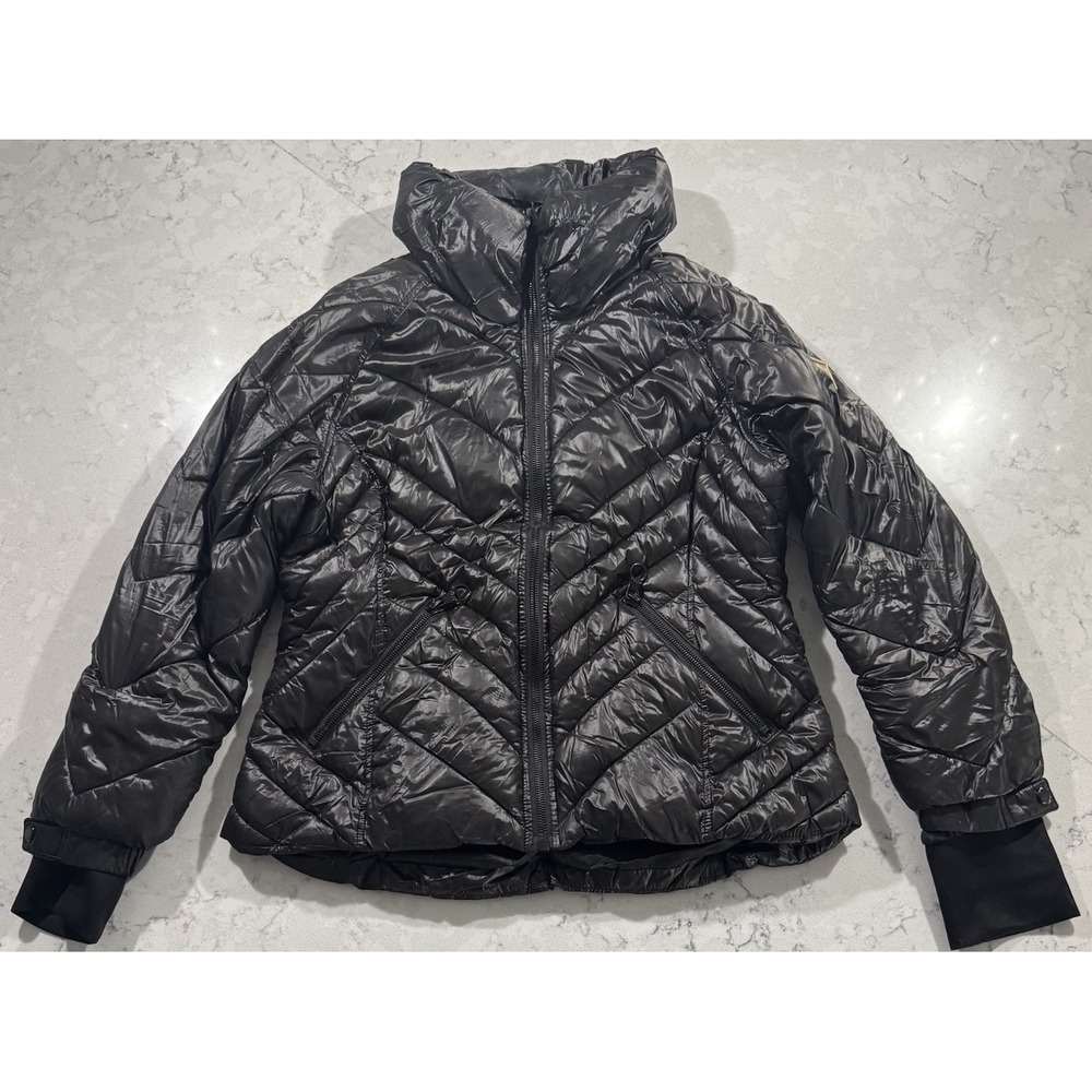 GUESS Chevron Quilted Puffer Jacket Womens Large Black Lightweight Coat
